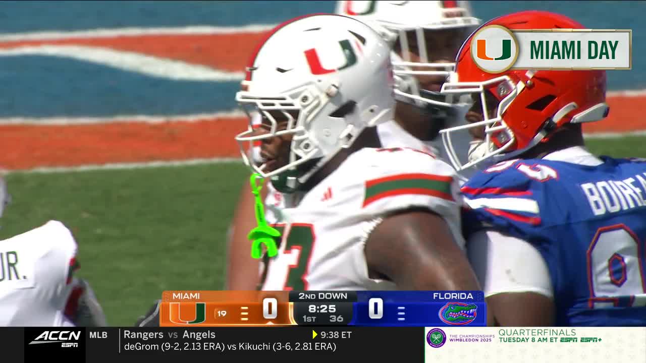 The Miami Hurricanes' defense, in white helmets, huddles near the sideline. A Florida Gator, in orange and blue, stands close, ready for the next play.
