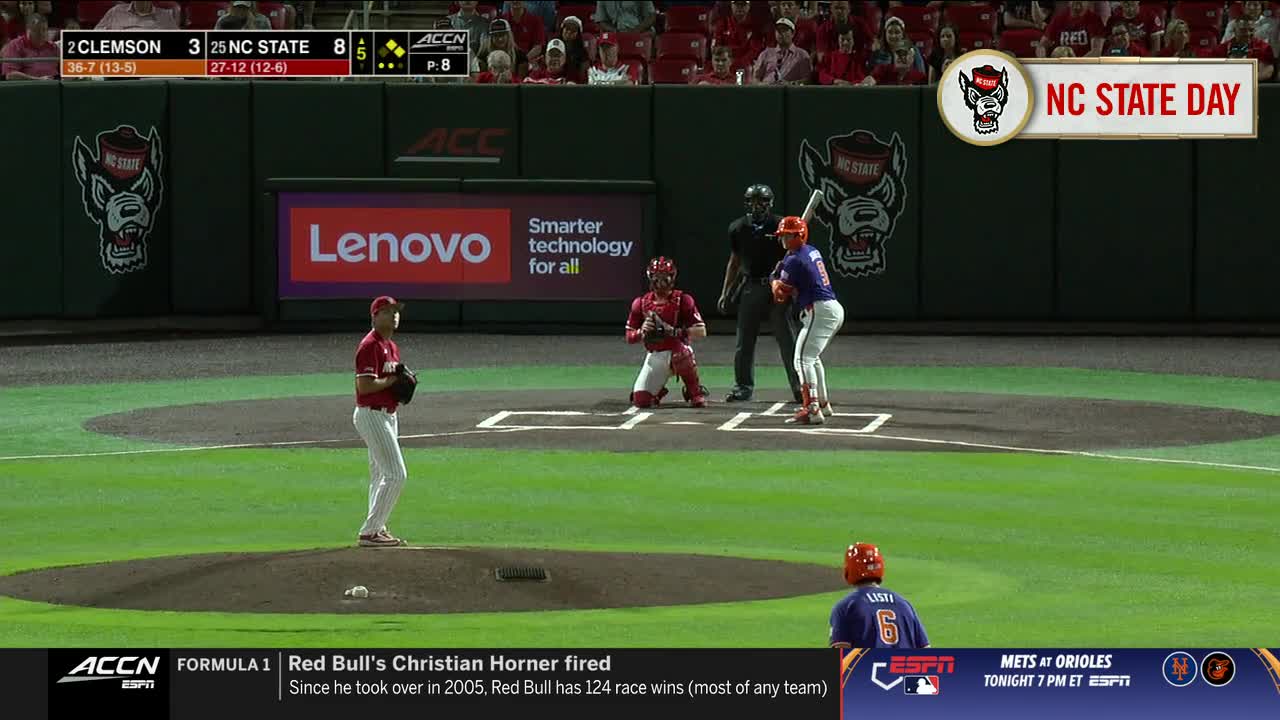The pitcher, in red and white, is winding up to throw. A batter in blue and orange stands ready, bat held high, as the umpire watches from behind.
