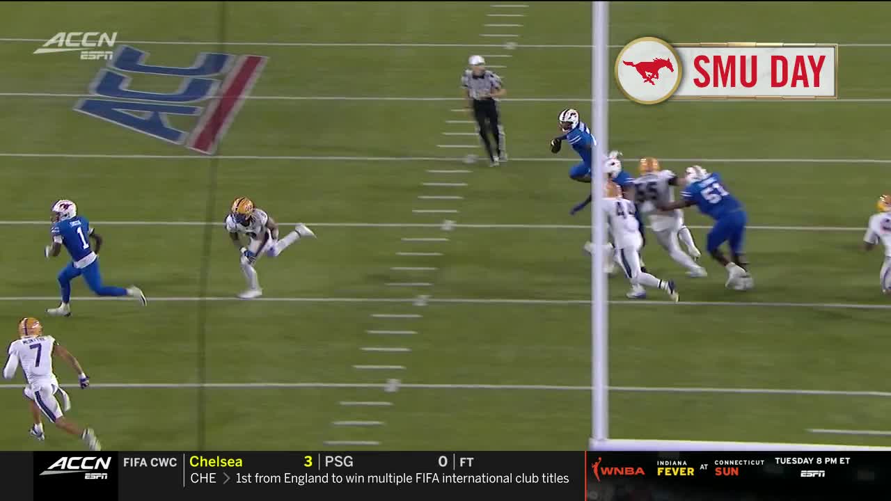 A player in blue sprints downfield, chased by a defender in white. The ACC Network logo is visible in the corner, with "SMU Day" displayed on the screen.
