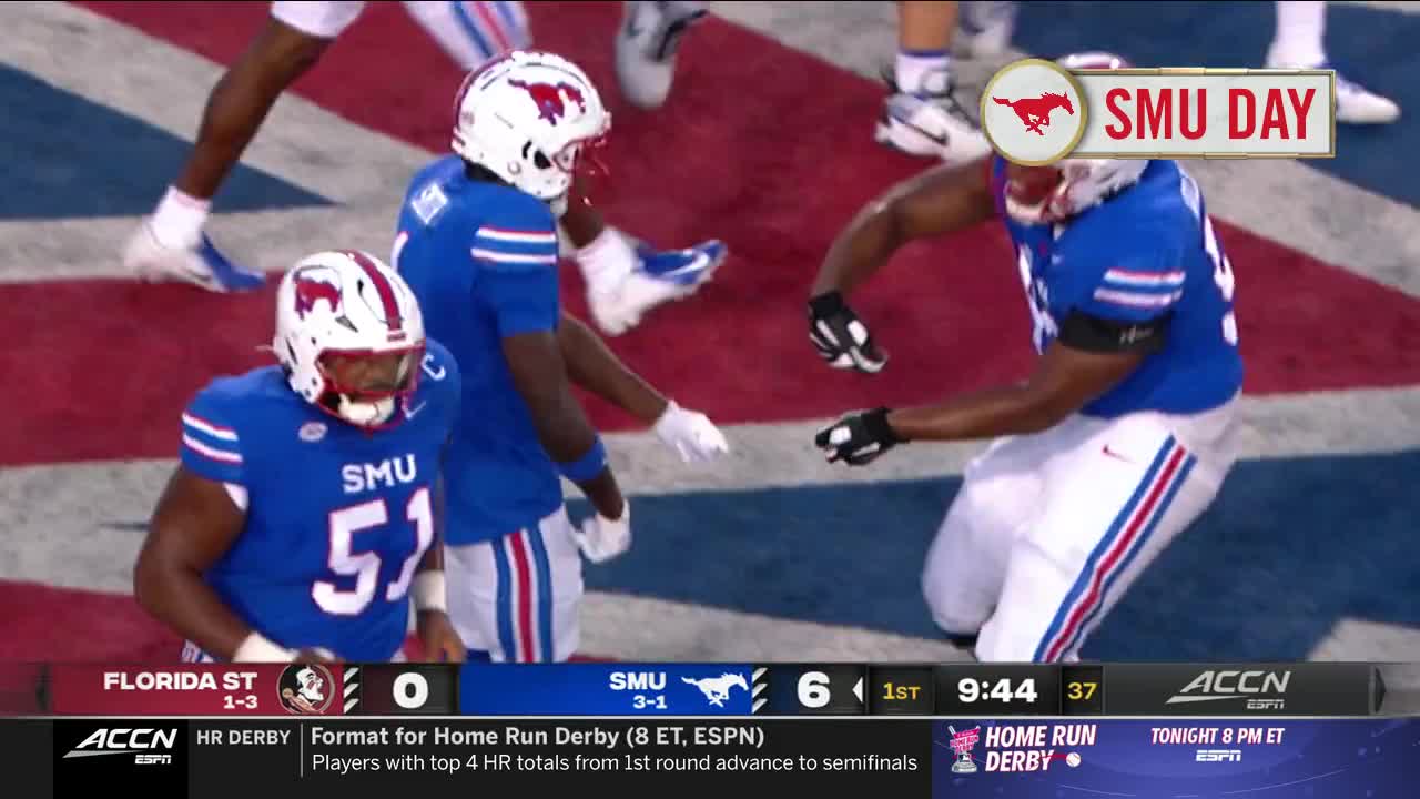 SMU players in blue and white uniforms celebrate on the field, with one raising his arms in excitement. The scoreboard on the ACC Network shows the Mustangs up against Florida State.
