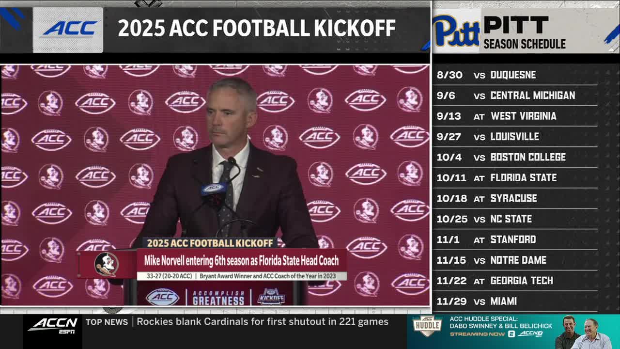 Mike Norvell, the Florida State head coach, stands at a podium, speaking at the 2025 ACC Football Kickoff. Beside him, the ACC Network displays the upcoming Pitt football schedule.
