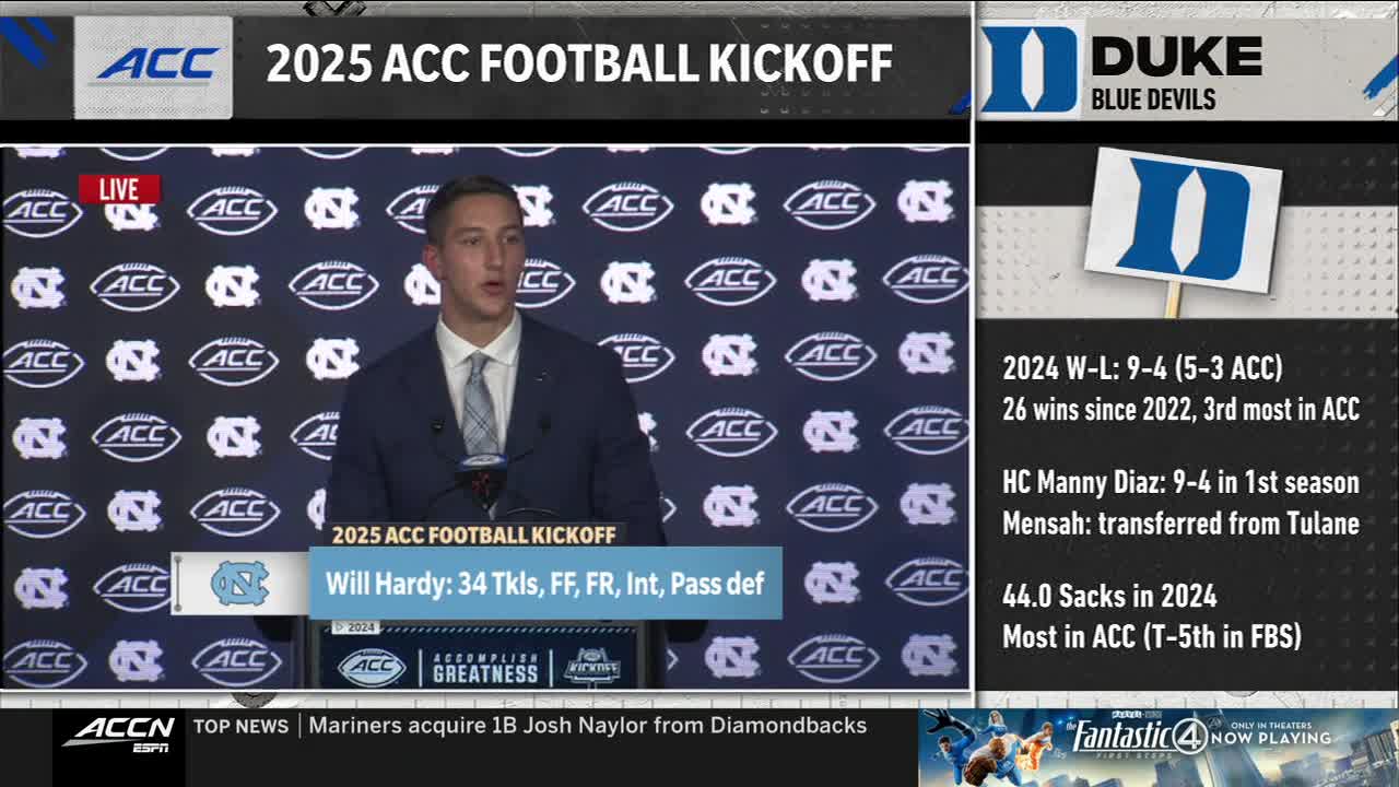 A man in a suit speaks into a microphone at the 2025 ACC Football Kickoff, with the ACC Network logo visible. Graphics detail Duke's recent performance and roster changes.
