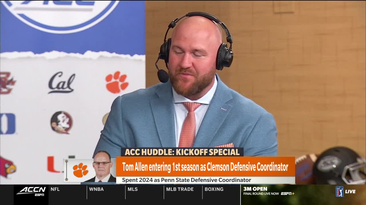A man in a light blue suit and headset is speaking on the ACC Network. The screen displays information about Tom Allen, Clemson's new defensive coordinator.
