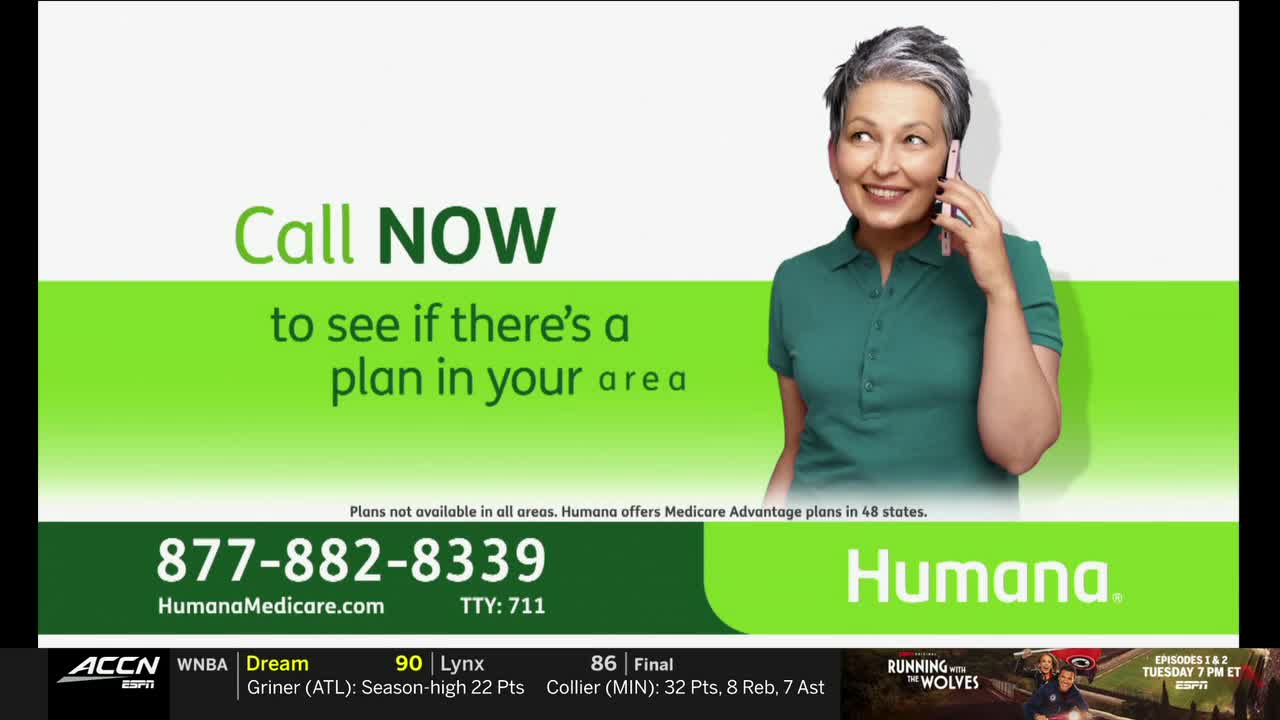 An advertisement for Humana Medicare is on the screen, with a woman smiling while holding a phone. The ACC Network logo and a WNBA score are visible at the bottom.
