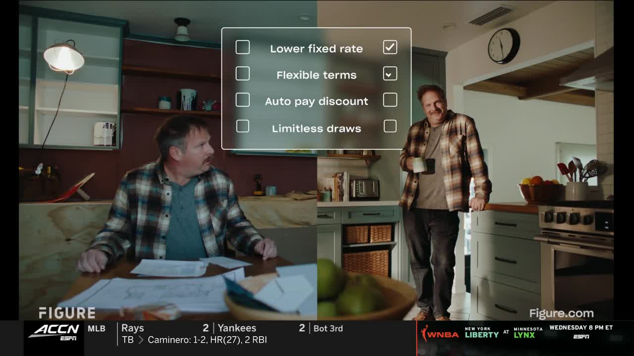 A man in a plaid shirt is in a kitchen, holding a mug, while a split screen shows him at a table looking at papers. The ACC Network graphic displays options with check marks for "Lower fixed rate" and "Flexible terms."
