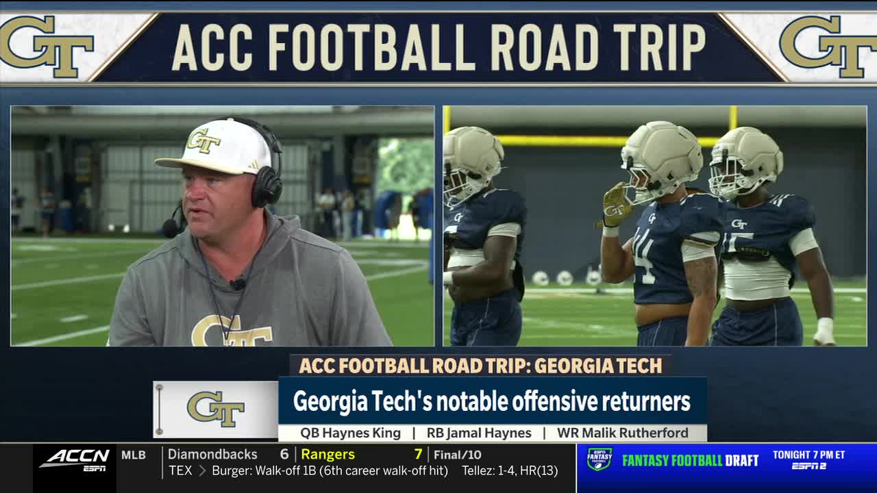 A man in a headset discusses Georgia Tech football on the ACC Network, while players in helmets and pads stand on the field behind him. The broadcast highlights the team's offensive returners.
