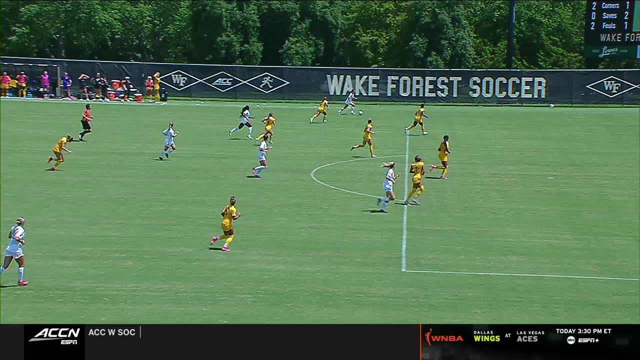 Players in gold and white jerseys sprint across the green field, chasing the ball. The game is underway, with Wake Forest Soccer displayed on the backdrop.
