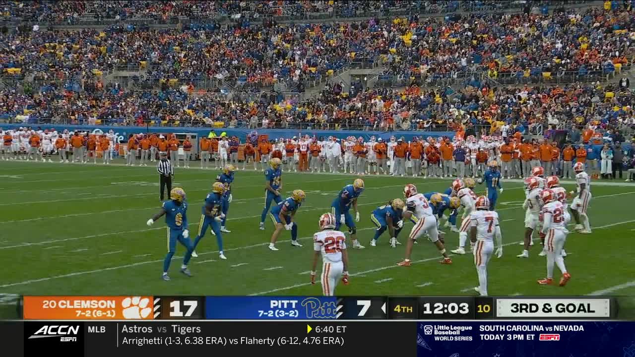 The Clemson offense, in white and orange, lines up against the Pitt defense in blue and gold, poised for a play near the goal line. The crowd in the stands is a sea of color as the game continues on the ACC Network.
