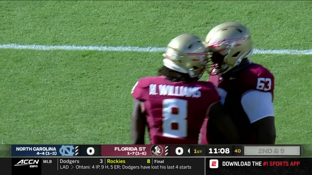Two Florida State football players, one in jersey number 8, are close together on the field. They appear to be celebrating, their helmets touching.
