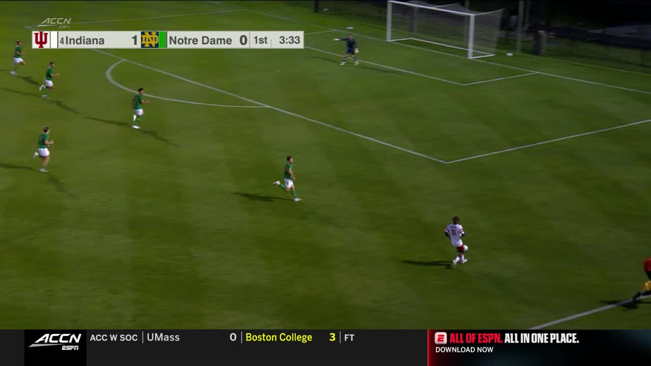 A player in a white jersey dribbles the ball toward the goal. Several players in green uniforms sprint upfield, while the Notre Dame goalkeeper stands ready.
