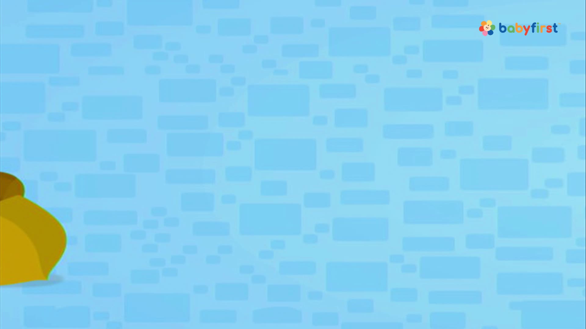 A yellow shape, possibly a bag, sits in the lower left corner against a blue background. The background is covered in various-sized light blue rectangles.
