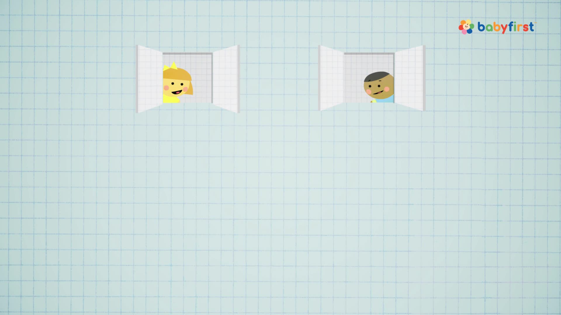 Two cartoon children peek out from open windows, smiling. The background is a grid of blue lines.
