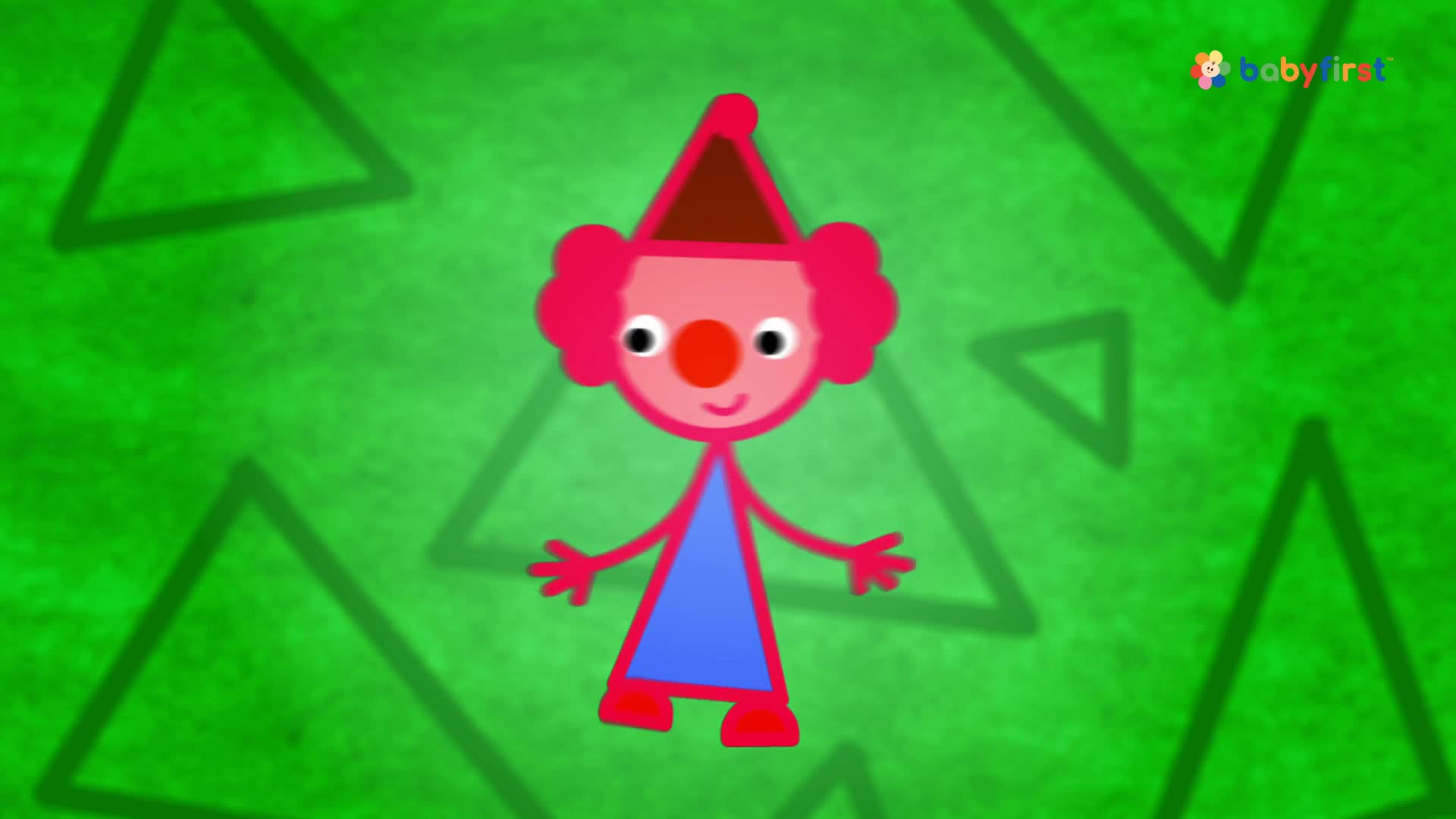 A cartoon clown figure stands centered against a green background with triangular shadows. It's a simple design, with a pink face, curly hair, and a red nose.
