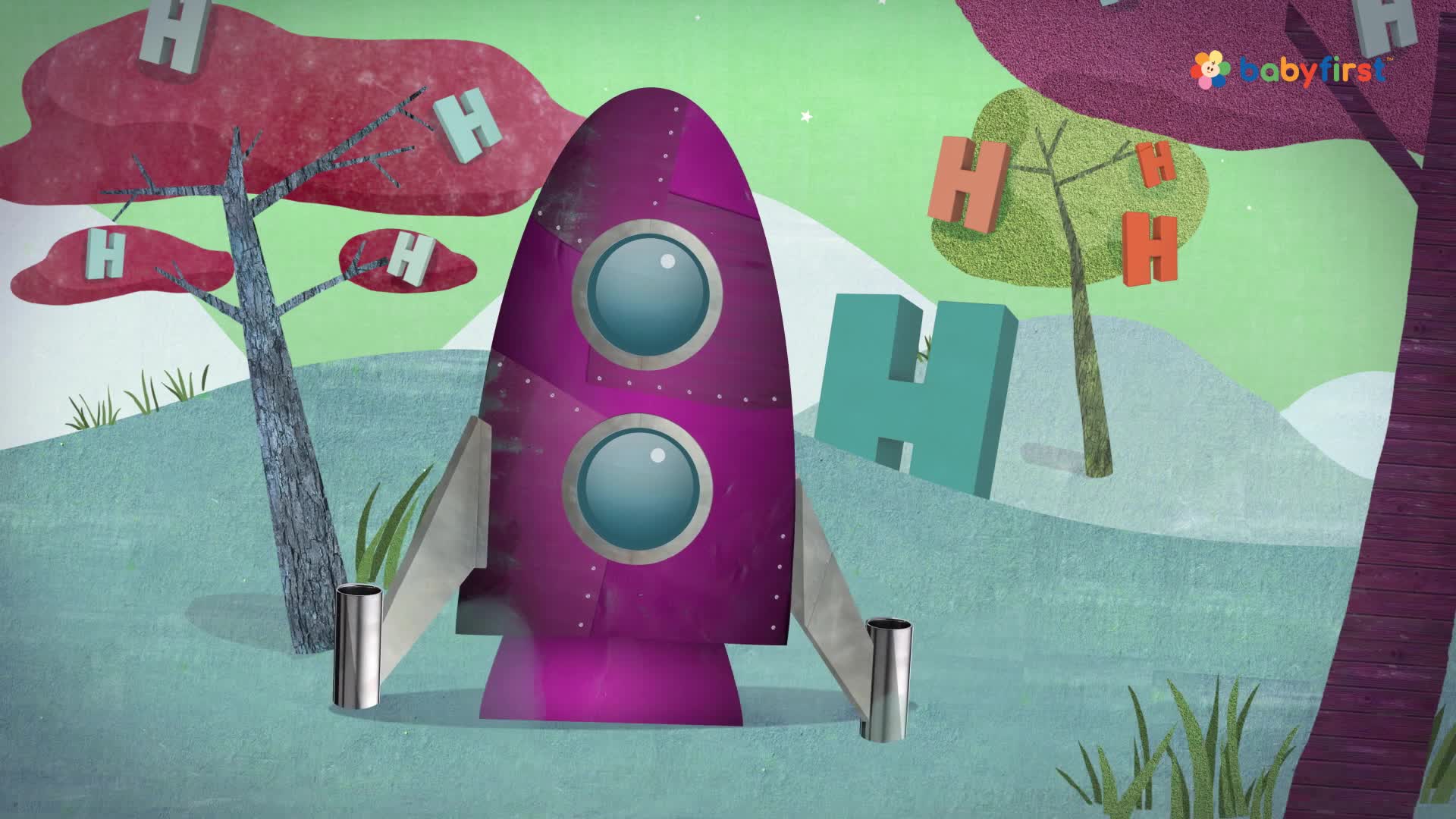 A purple rocket ship stands in a cartoon landscape with "H" letters floating around. The scene has a BabyFirst vibe, with stylized trees and a pastel color palette.
