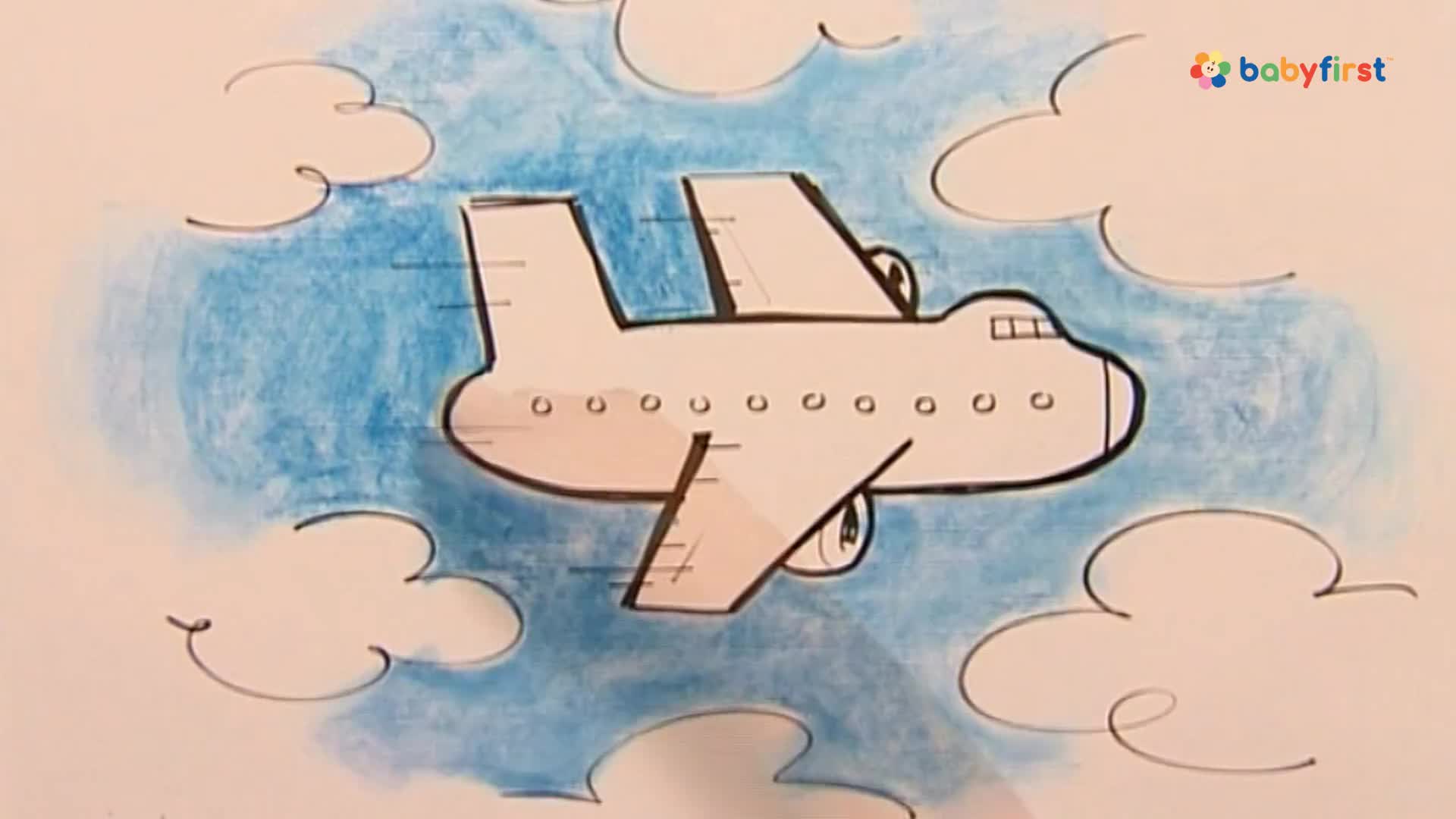 A white airplane, drawn with black outlines, flies through a blue sky dotted with fluffy clouds. The plane has streaks behind it, indicating motion.
