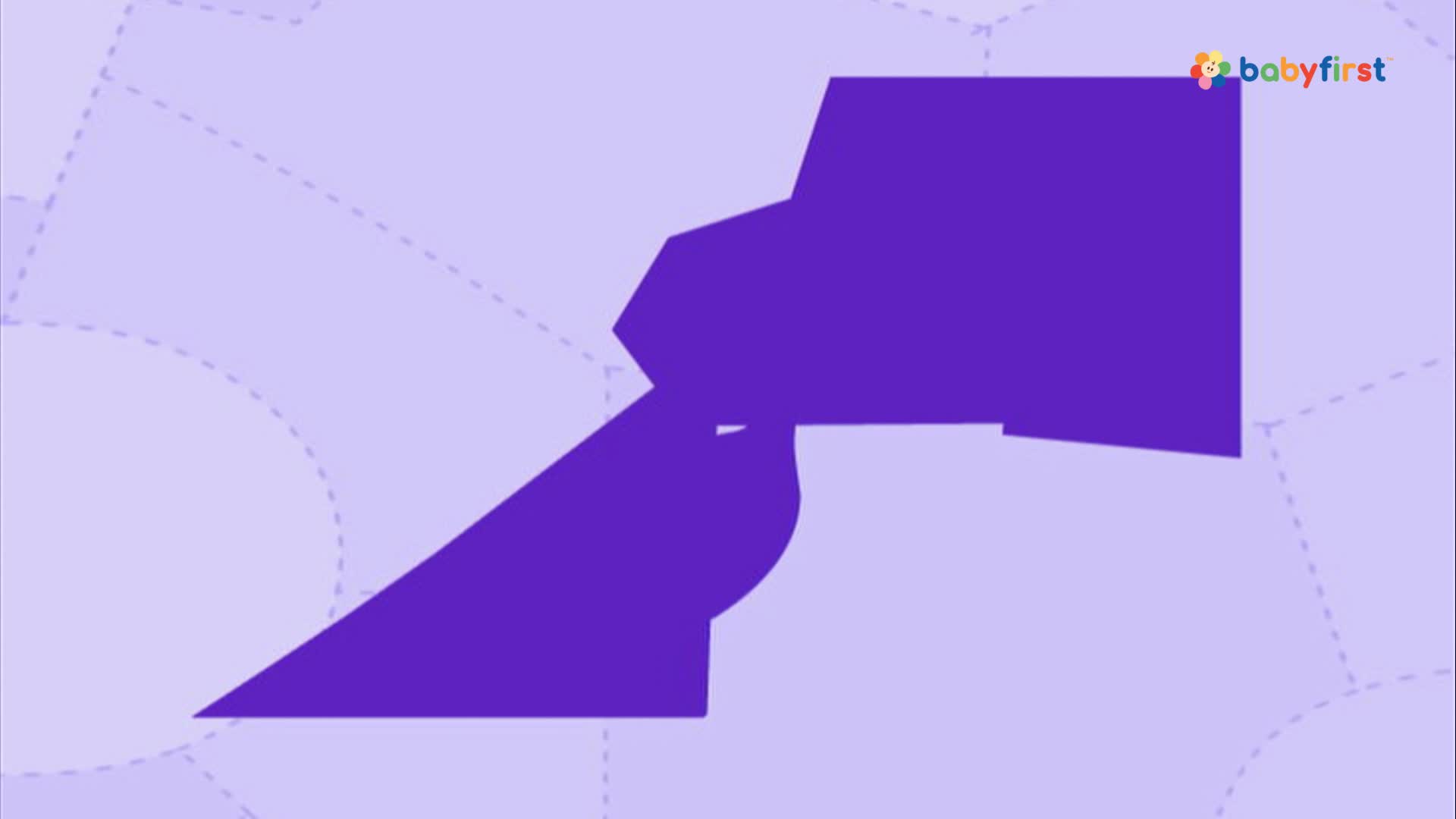 A large purple shape, made of connected geometric forms, dominates the screen. It's set against a light purple background with dotted lines, and the BabyFirst logo is in the top right corner.
