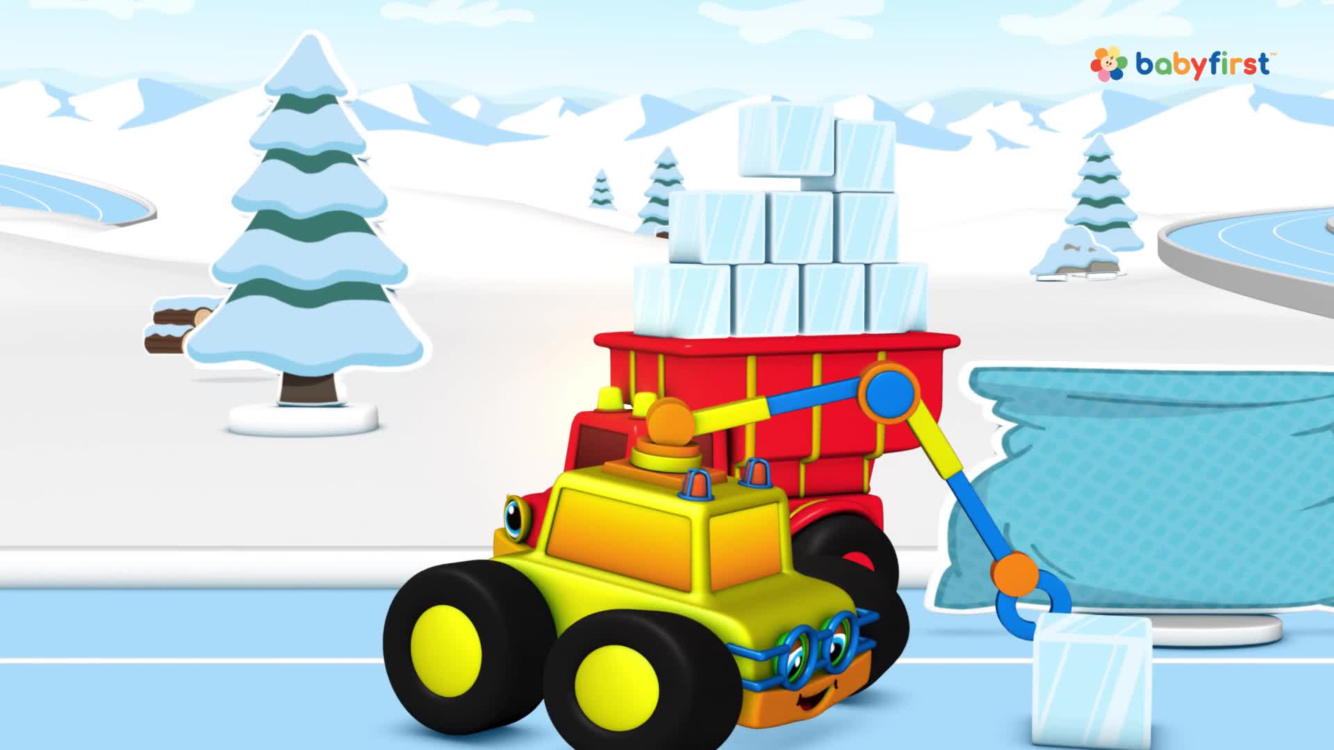 A yellow truck with big tires uses its crane to pick up an ice cube. The truck's bed is loaded with more ice blocks, and the background shows a snowy landscape.
