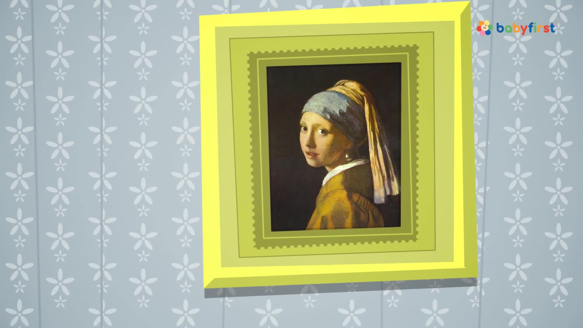 A framed painting of a woman with a pearl earring hangs on a wall decorated with a floral pattern. The frame is a bright yellow, and the BabyFirst logo is visible in the corner.
