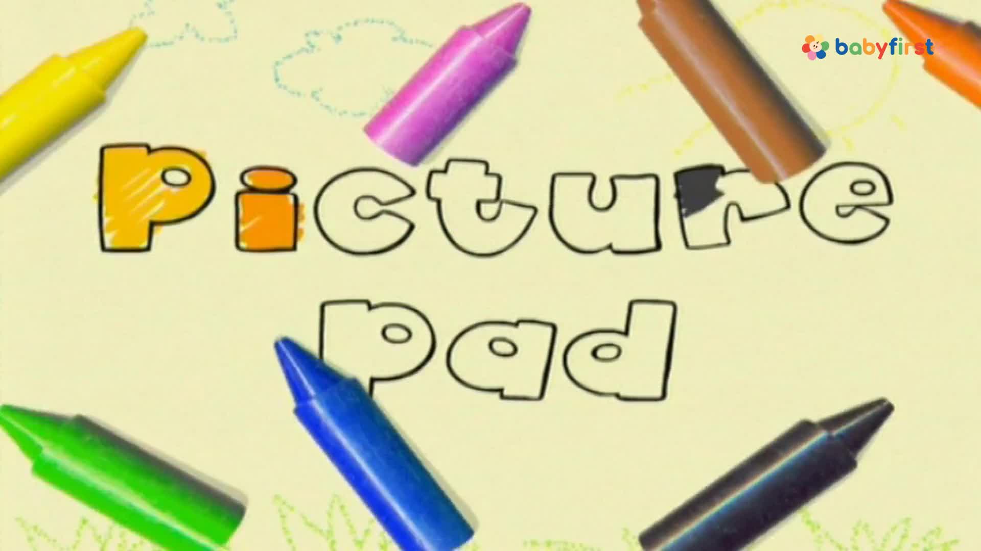 The words "Picture Pad" are outlined in black and filled with color. Crayons of various colors are scattered around the words, as if they're about to be used.
