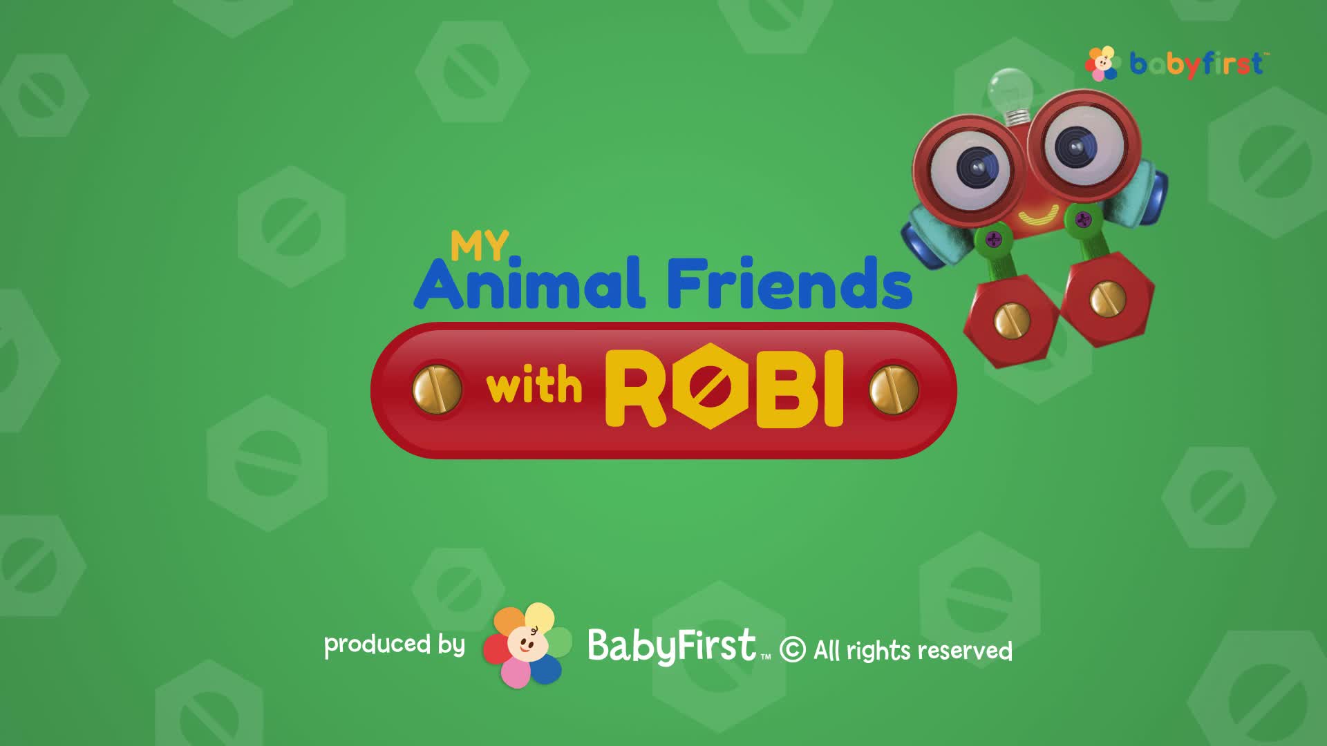 A cartoon robot with big eyes and a lightbulb head hovers above a red sign that reads "My Animal Friends with ROBI." The BabyFirst logo and copyright information sit at the bottom of the green background.
