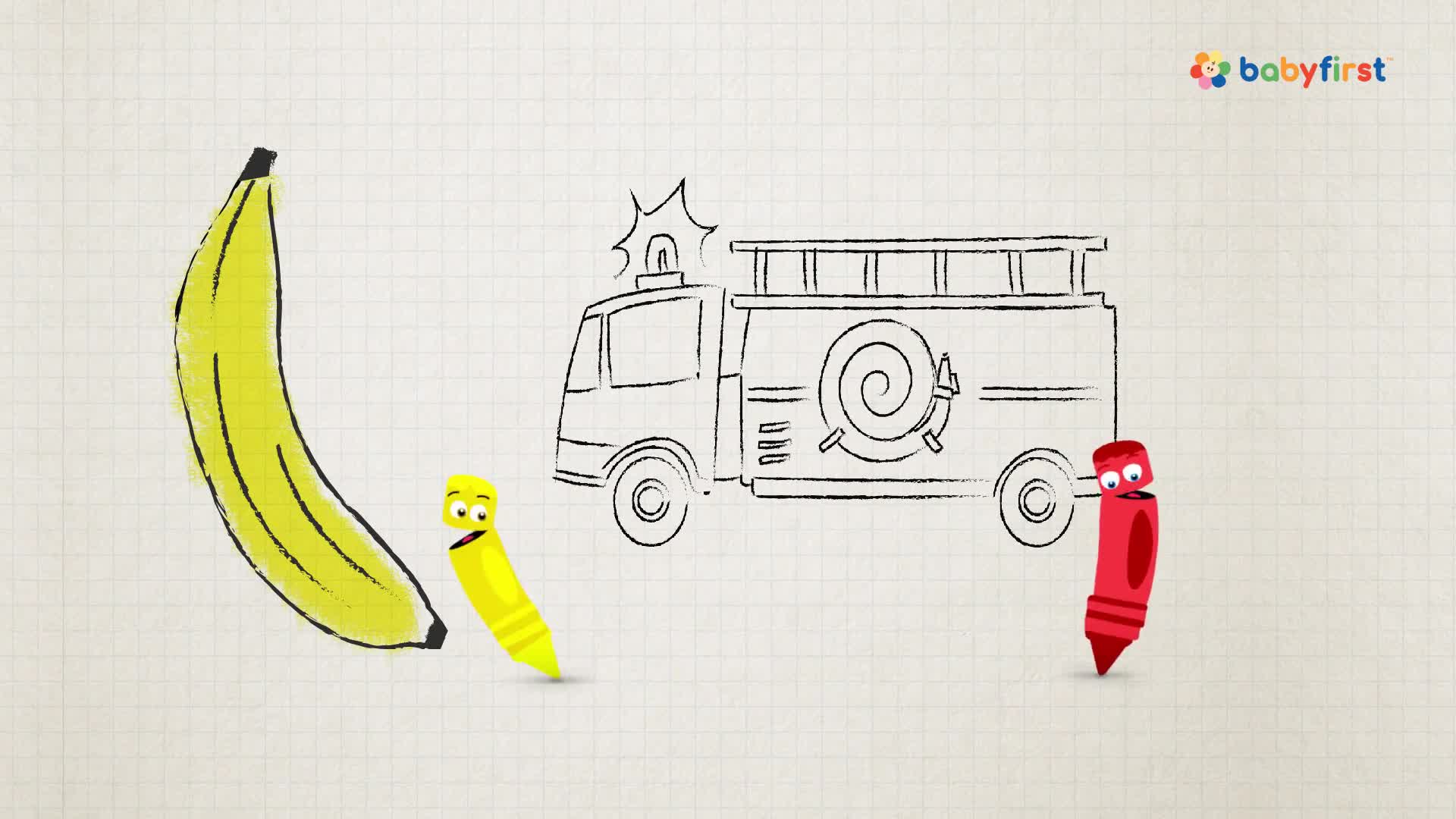 A yellow banana and a yellow crayon stand near a sketched fire truck. A red crayon looks on from the other side of the vehicle.
