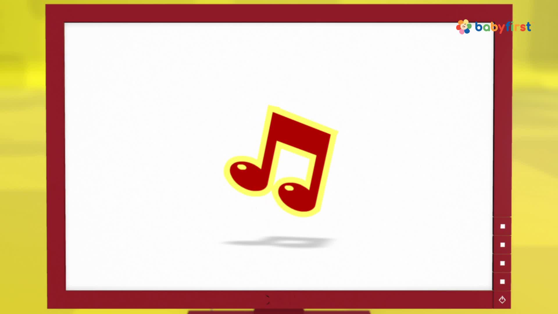 A cartoon music note, outlined in yellow, floats against a white background. The TV screen is framed in red and sits on a yellow surface, as if it's part of a BabyFirst show.
