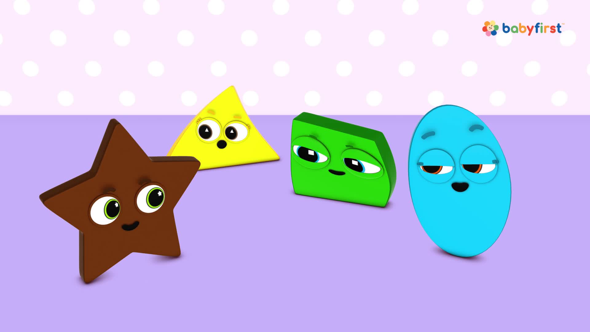A brown star, yellow triangle, green trapezoid, and blue oval with cartoon eyes stand together on a purple surface. They all seem to be looking at something off-screen.
