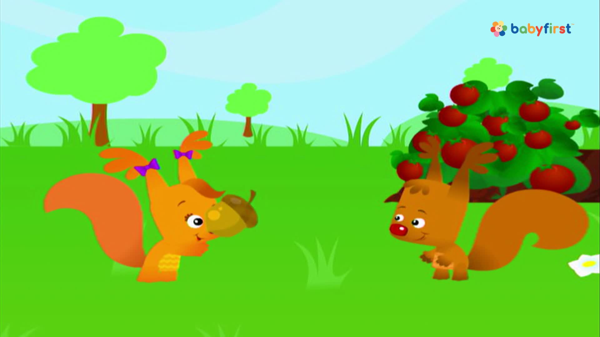 A cartoon squirrel with a purple bow holds a large acorn, facing another squirrel near an apple tree. The second squirrel has its arms raised, and is looking at the first.
