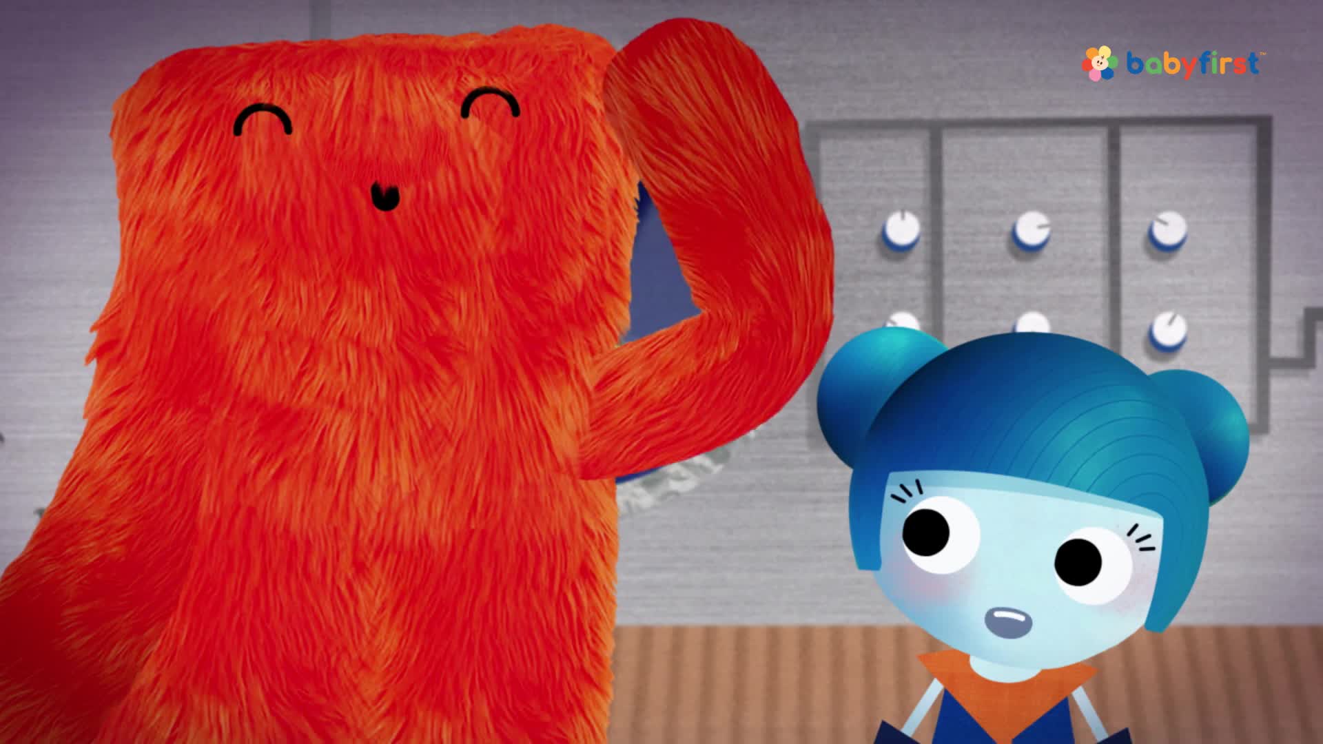 A large, orange, furry character with a black heart-shaped nose and smiling eyes raises a shaggy arm. A blue-skinned figure with pigtails looks on, slightly pink-cheeked.

