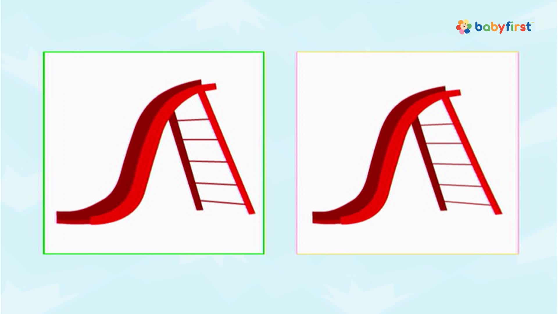 Two red slides and ladders are presented, each in a separate white box. The box on the left has a green outline, while the right one is outlined in yellow.

