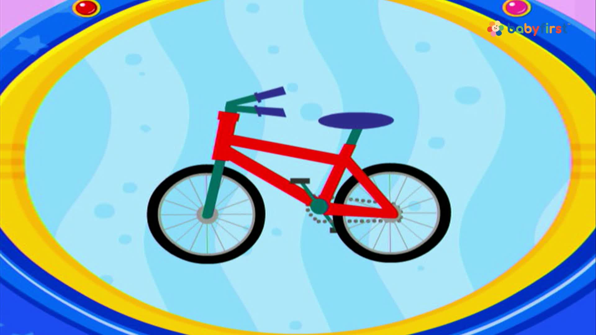 A red bicycle with black wheels and a blue seat sits in the center of the screen. The background is a light blue with a wavy pattern.
