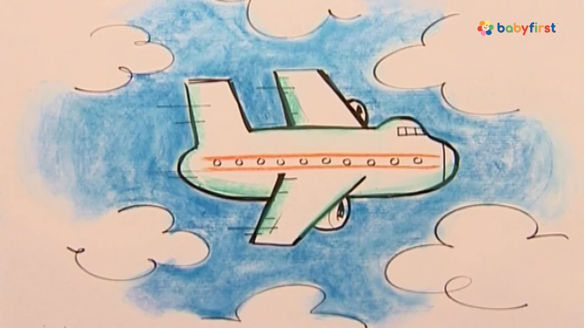 An airplane, drawn with thick black lines, cuts through a blue sky dotted with fluffy white clouds. The plane has a red stripe down its side and a few small windows.
