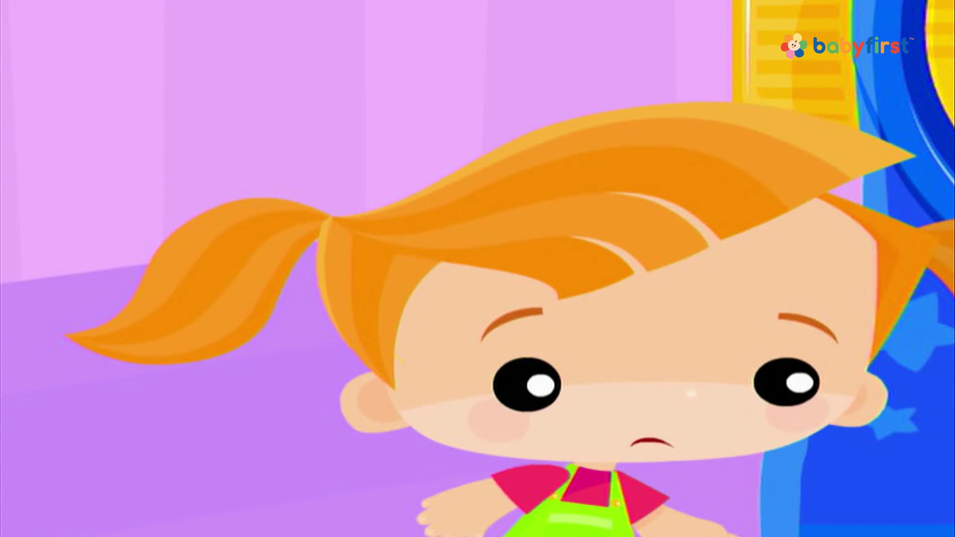 A cartoon girl with orange hair and a pink shirt is looking down. Her eyes are wide, and she appears to be in a room with purple walls.
