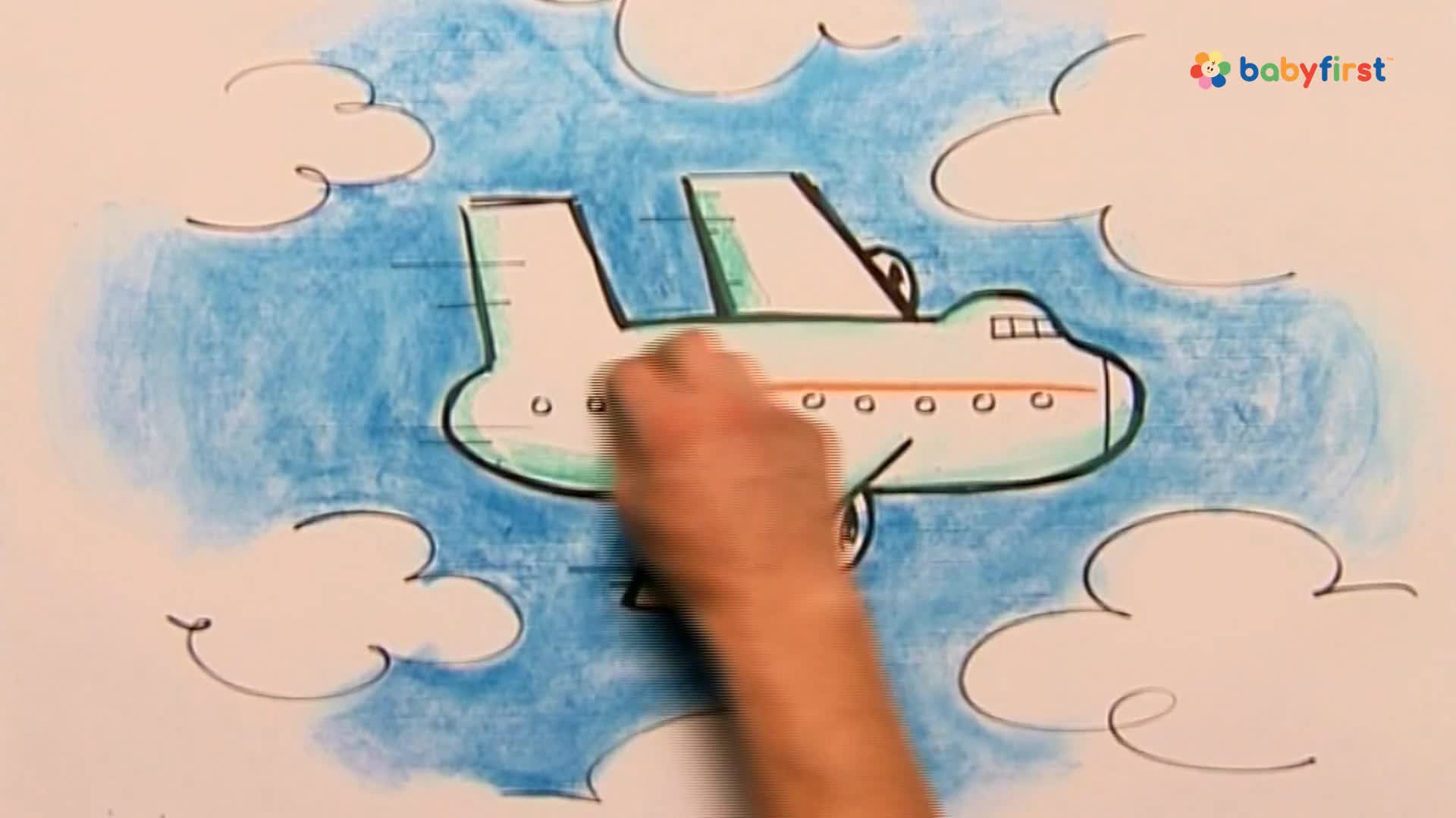 A hand is coloring the outline of a cartoon airplane, filling in the green and orange details. The plane is drawn against a backdrop of blue sky and white, sketched clouds.
