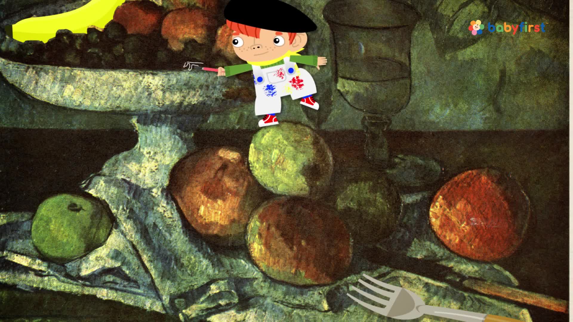 A cartoon boy in a beret and overalls balances on top of a few large, round fruits. He's holding a small tool, as if he's about to paint the still life.
