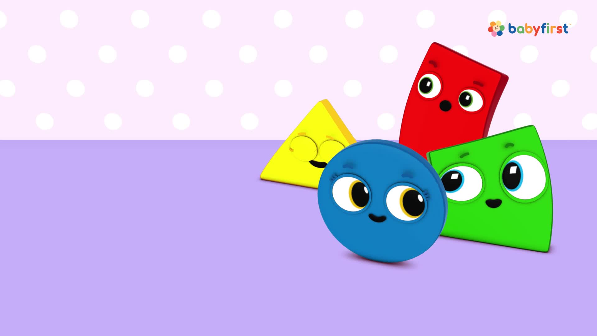 A blue circle, yellow triangle, red rectangle, and green square with cartoon faces are arranged on a purple surface. The shapes have big eyes and are smiling.
