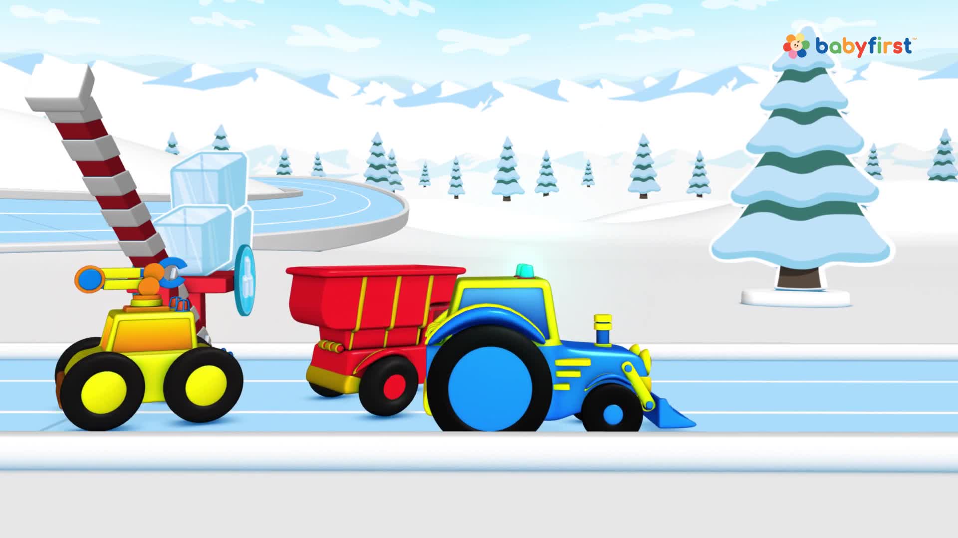 A yellow and red vehicle with a tall, striped arm and ice cube containers is next to a blue tractor pulling a red trailer. The tractor is driving on a snowy track.
