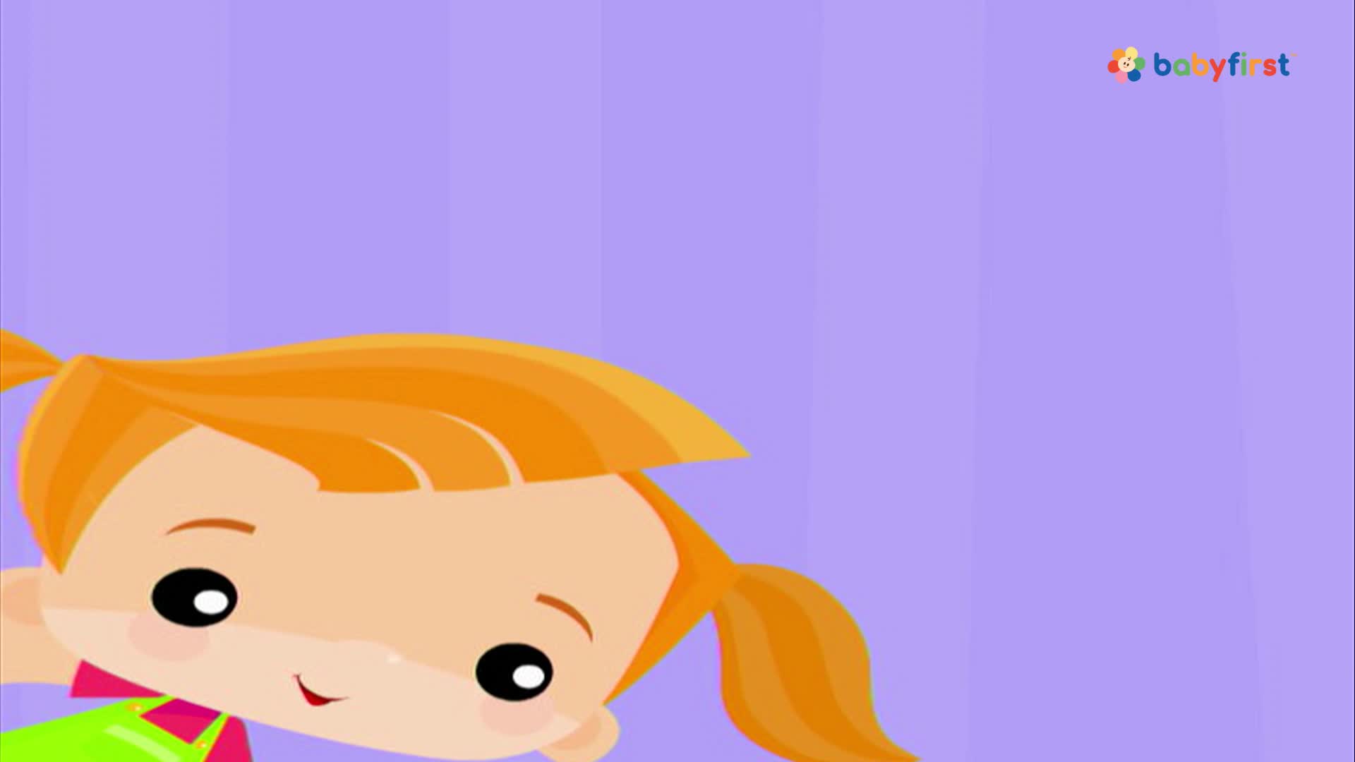 A cartoon girl with orange pigtails peeks in from the left, smiling. Her face is set against a solid purple background, with the BabyFirst logo in the upper right corner.
