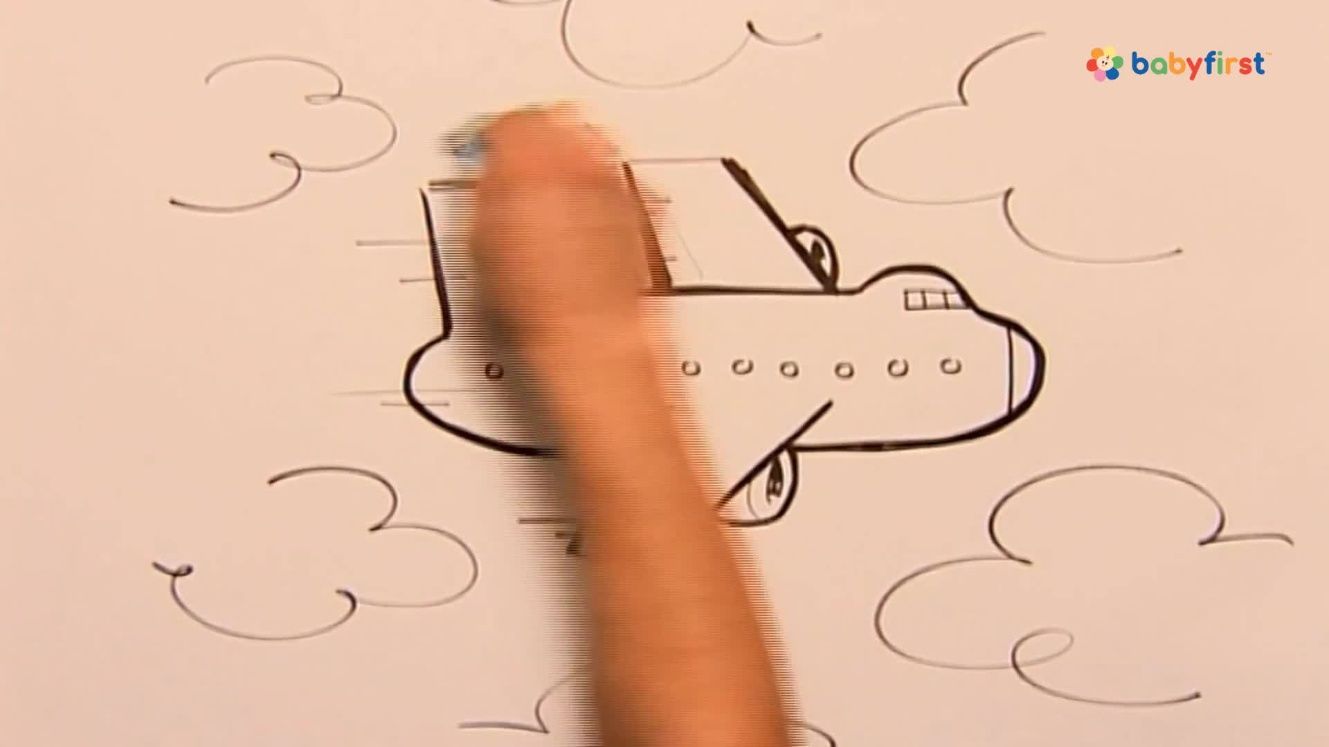 A hand is drawing a cartoon airplane with a black marker, adding details to the fuselage. The plane is surrounded by simple cloud shapes, also drawn in black.
