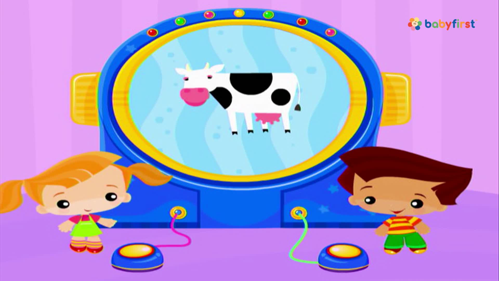 Two cartoon children stand facing a blue machine, each connected to a button. A black and white cow is displayed in the center of the machine.
