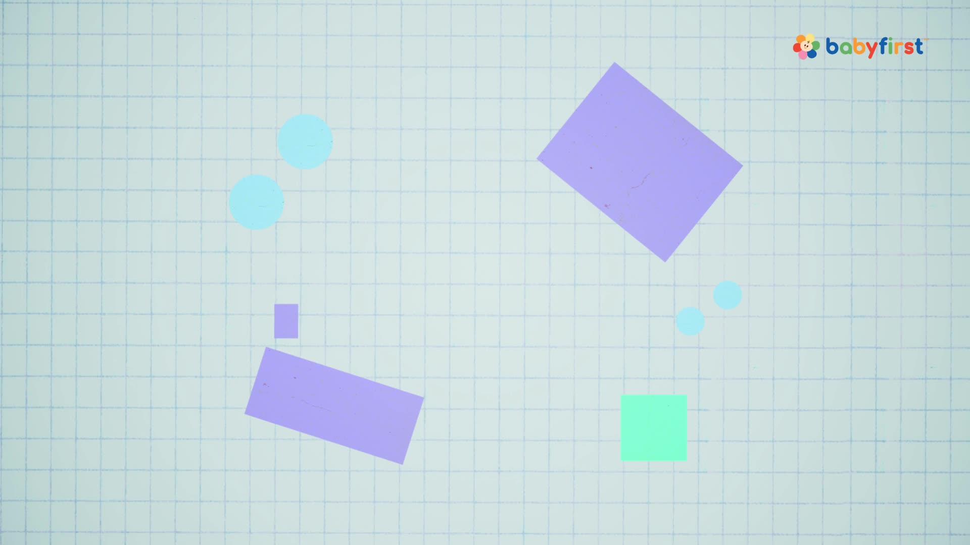 Shapes in various colors float across a grid background. Two large purple rectangles and a green square are the most prominent.
