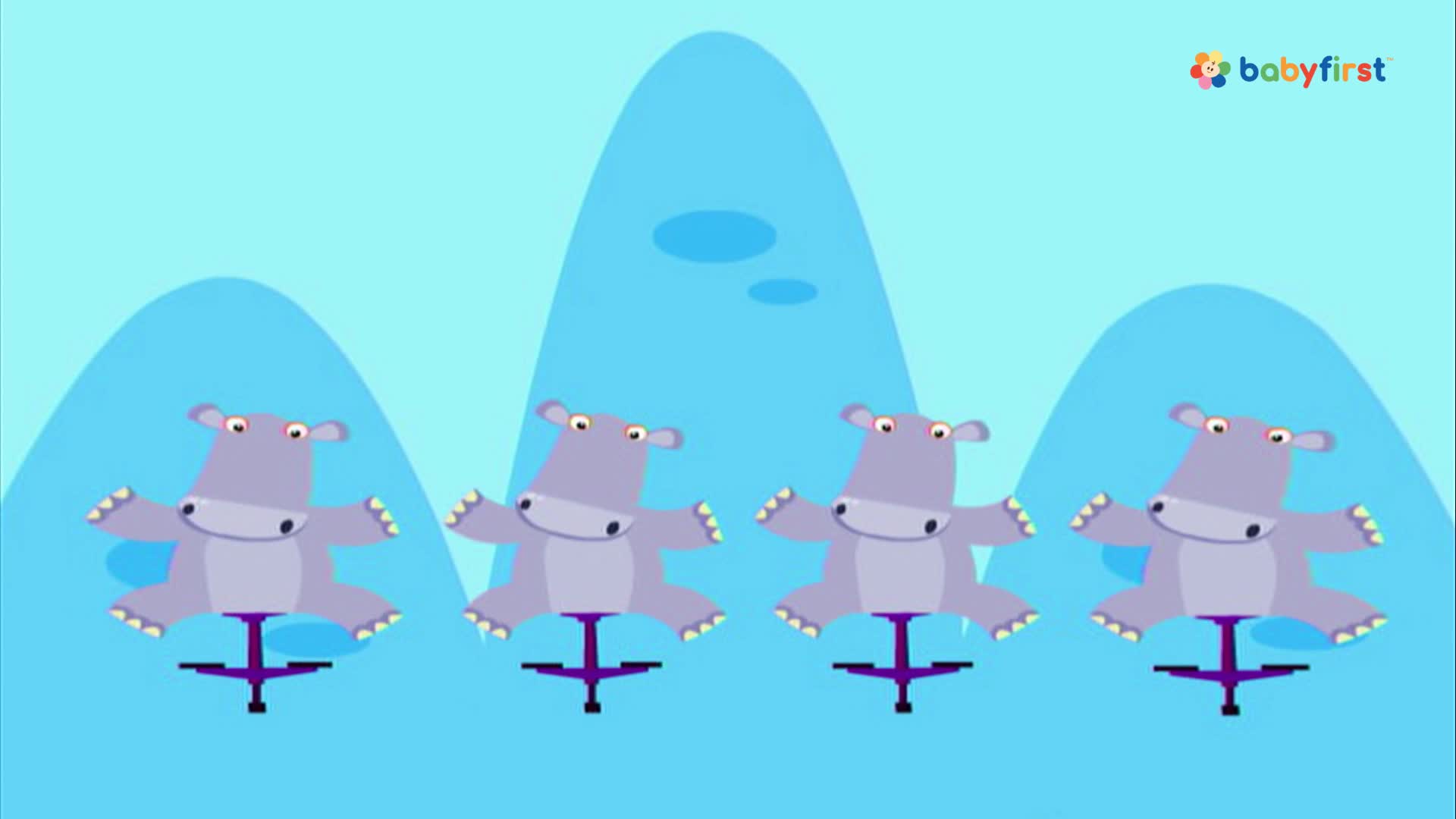 Four purple hippos sit on purple chairs, arms outstretched, against a backdrop of blue shapes. The scene has a playful, cartoonish feel, likely from a BabyFirst production.
