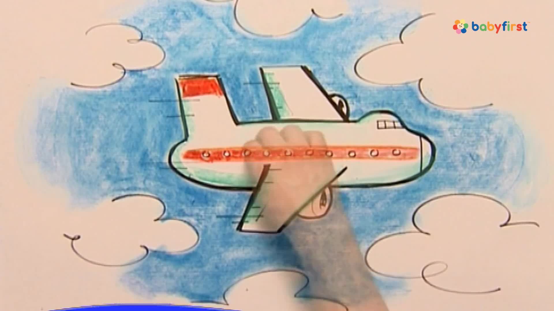 A hand is drawing a cartoon airplane with red and green accents against a blue sky with white clouds. The plane is taking shape as the artist's hand moves across the paper.
