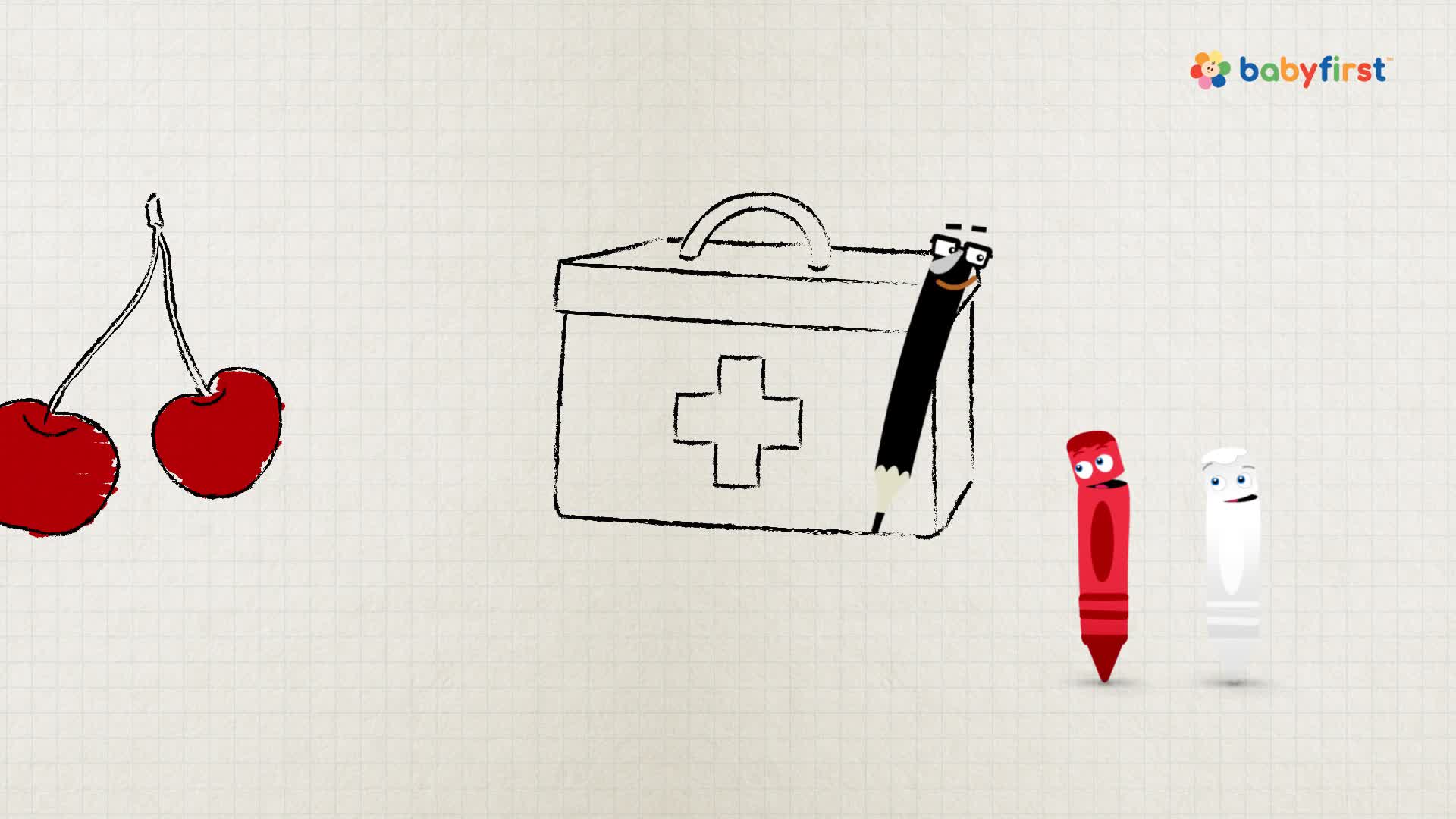 Bright red cherries hang on a thin stem near a sketched first aid kit. A smiling black pencil with glasses leans against the box, while a red and white crayon stand nearby.
