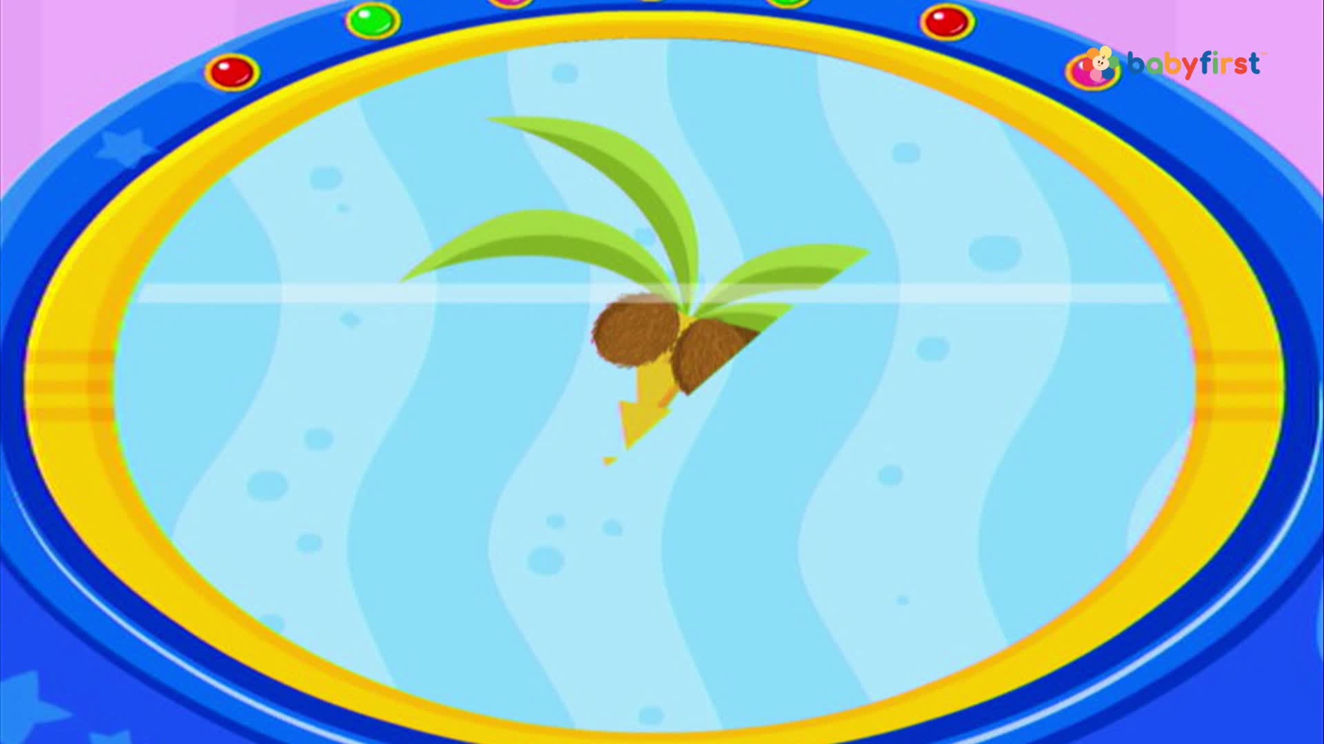 A cartoon palm tree floats in a wavy blue space, its coconuts partially submerged. Above, a colorful frame with buttons surrounds the scene.

