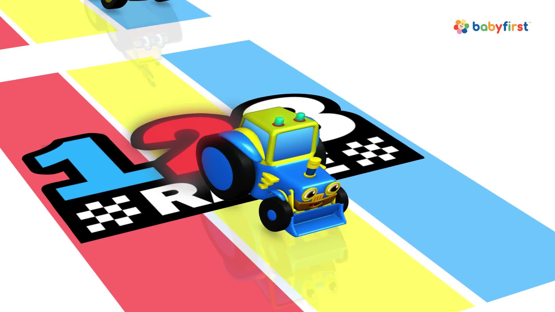 A blue tractor with a smiling face is racing on a colorful track. The number one is visible on the track, along with a checkered flag.
