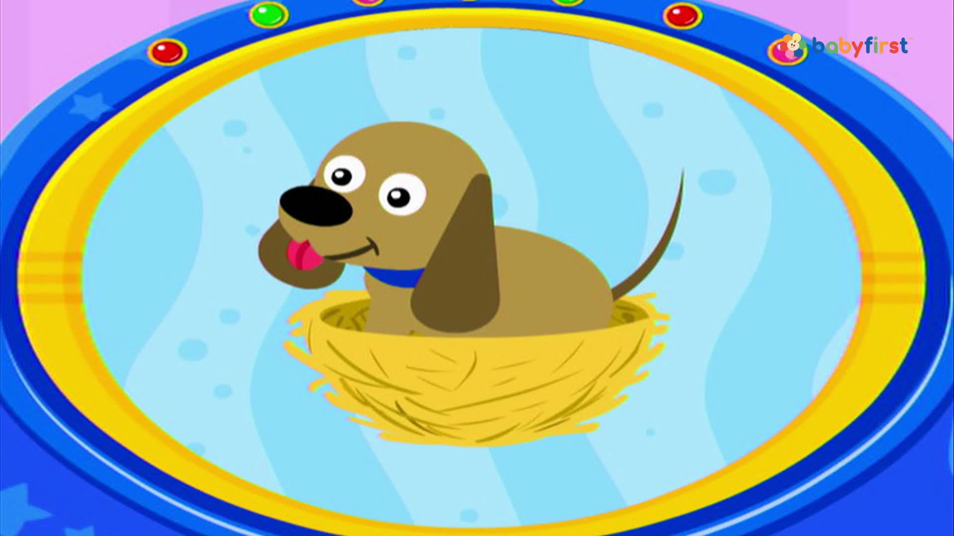 A cartoon dog with a lolling tongue sits in a yellow nest. The background is a light blue with a wavy design, framed by a blue and yellow border.
