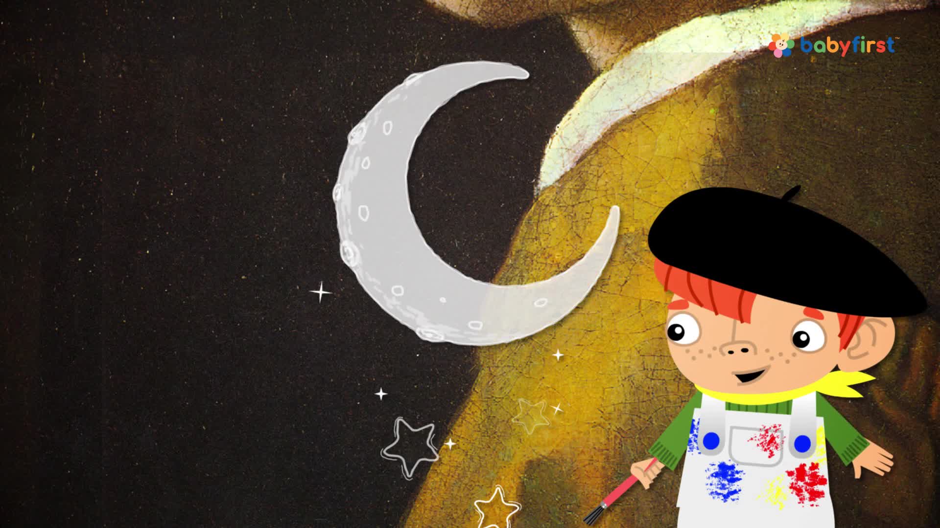 A cartoon artist, wearing a beret and paint-splattered overalls, holds a paintbrush in front of a crescent moon. Tiny stars twinkle around the moon, as if freshly painted.
