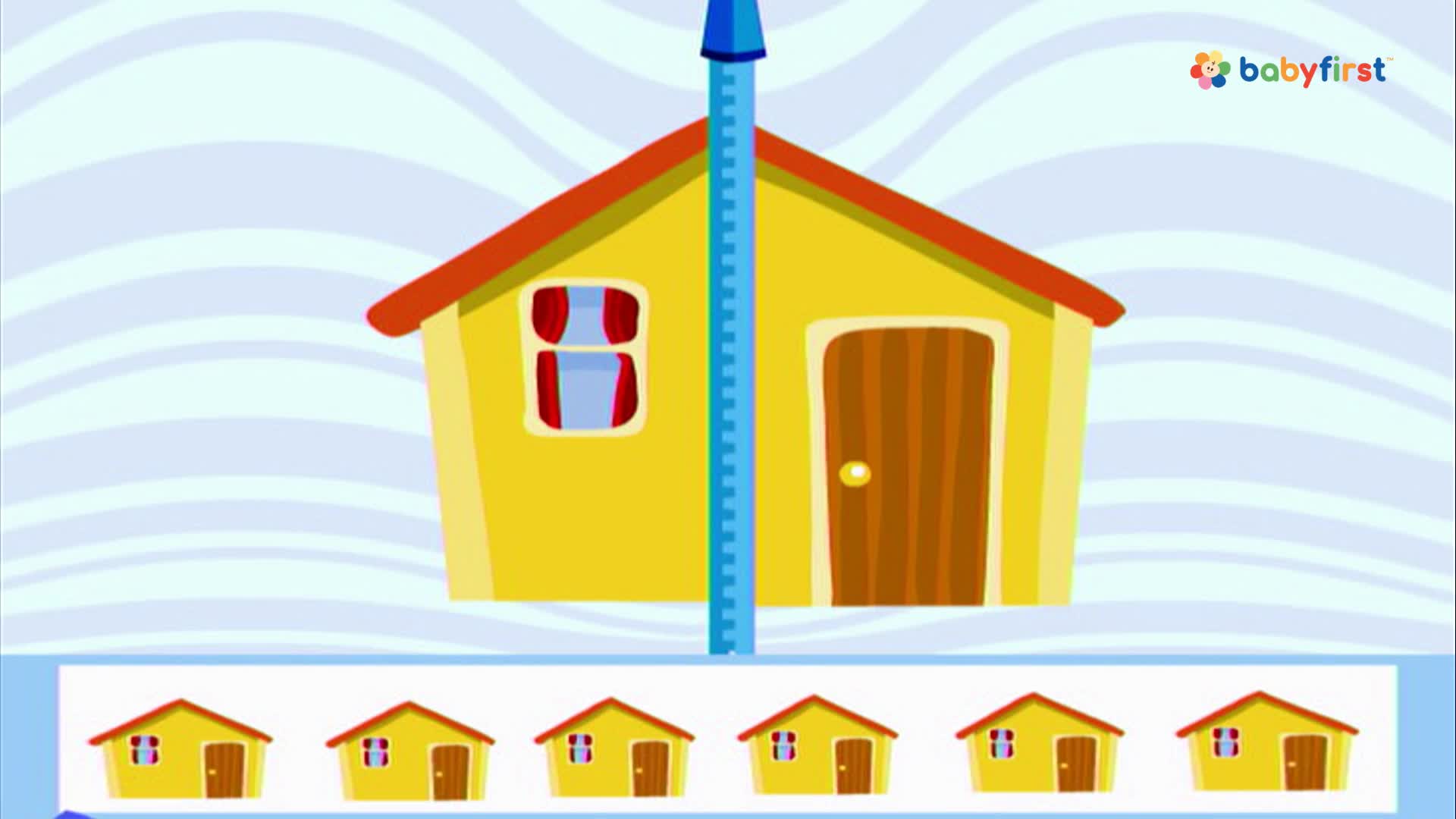 A yellow house is split down the middle by a blue line. Below, a row of identical houses awaits selection.
