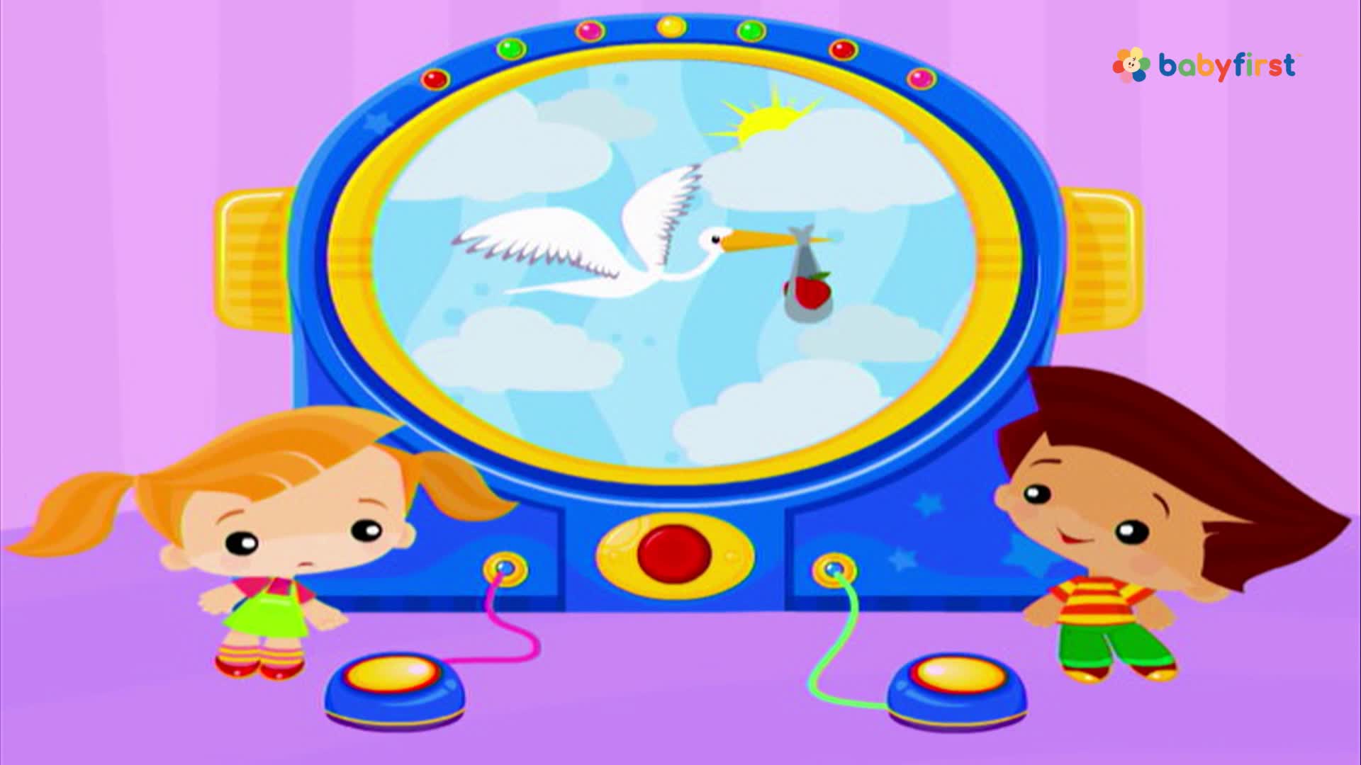 Two cartoon children stand before a machine, each with a button connected by a wire. Inside the screen, a stork carries a baby, a scene likely from a BabyFirst show.
